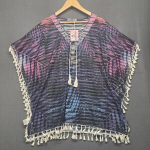 Sunsations Kimono Poncho Beach Cover Up Womens OS Blue Purple Geometric NEW